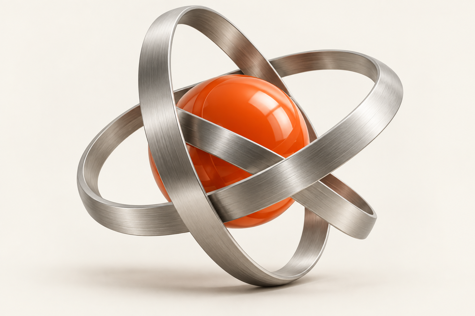 Metal rings orbiting an orange sphere, representing market cycles
